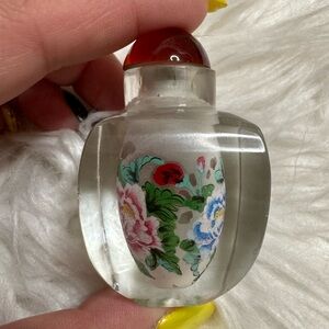 Vintage Chinese Reverse Floral Painted Glass Snuff Bottle With Red Cap